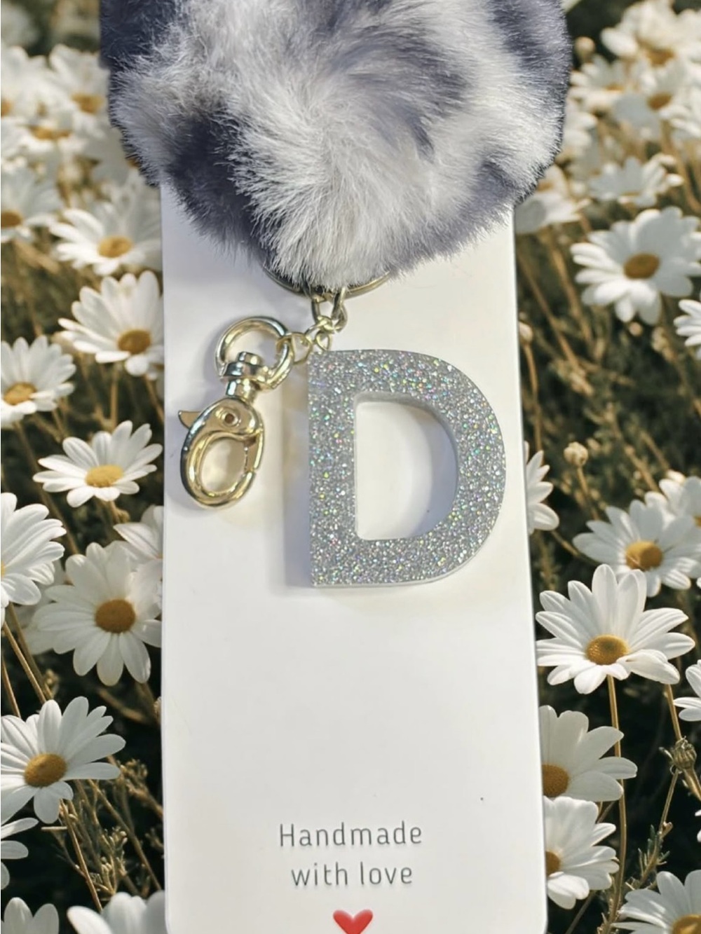 Handmade Glitter 'D' Keychain Pom Pom - Gray